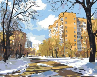 Картина по номерам «Панельки родные: ранняя весна в городе» Картина по номерам «Панельки родные: ранняя весна в городе»